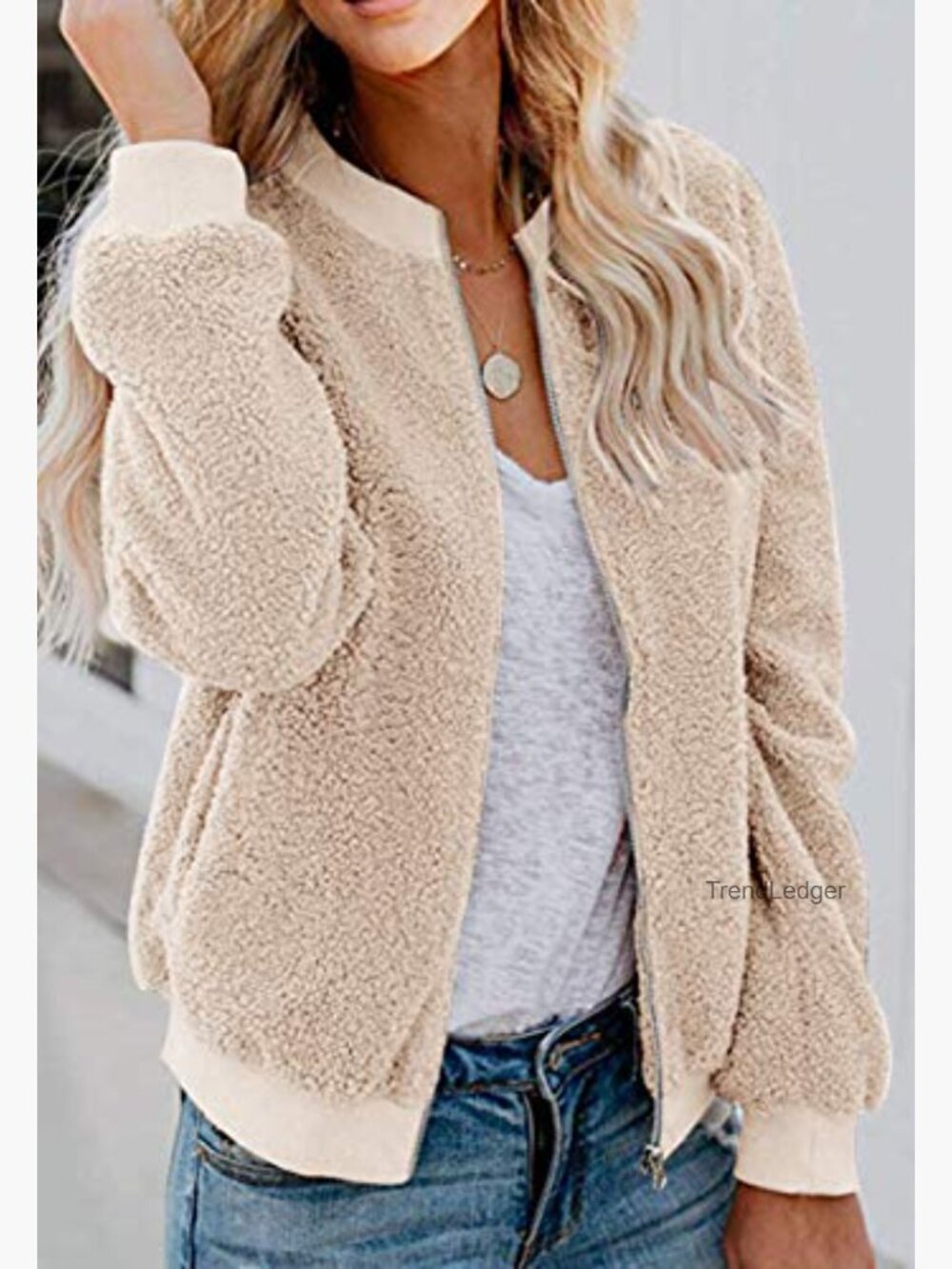 Fleece Bomber Jacket Faux Sherpa Casual Long Sleeve Zip Up Loose Fit Winter Coat - Picture 2 of 7